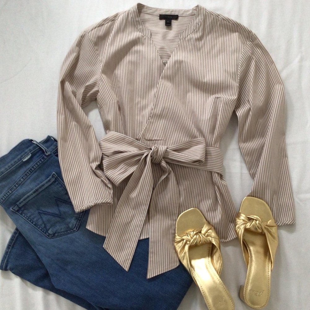 J Crew Cotton Tie Waist Striped Blouse Sz XS